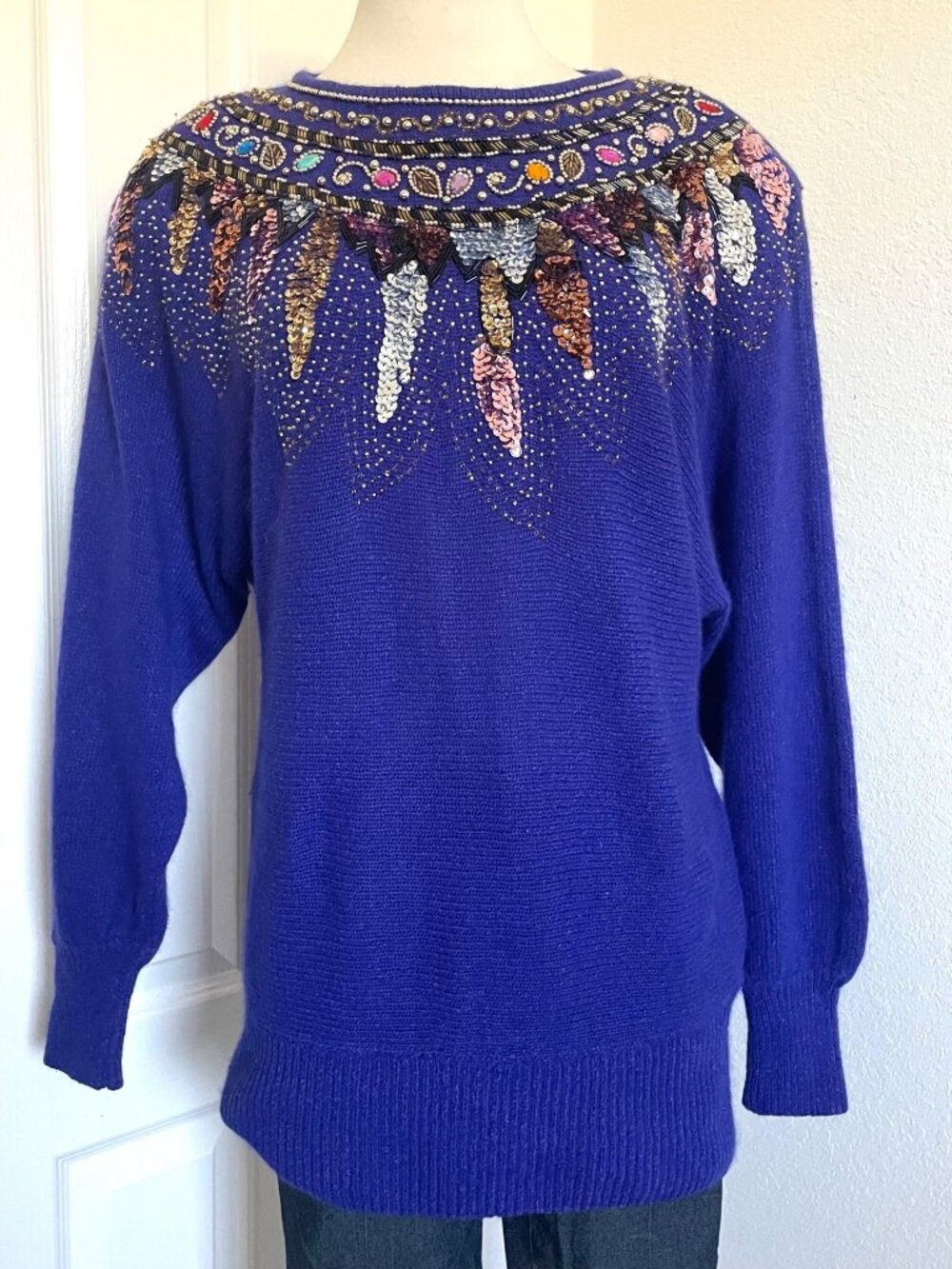 Vintage 80s Jane Ashley Purple Angora Rainbow Sequin Rhinestone Sweater Womens M